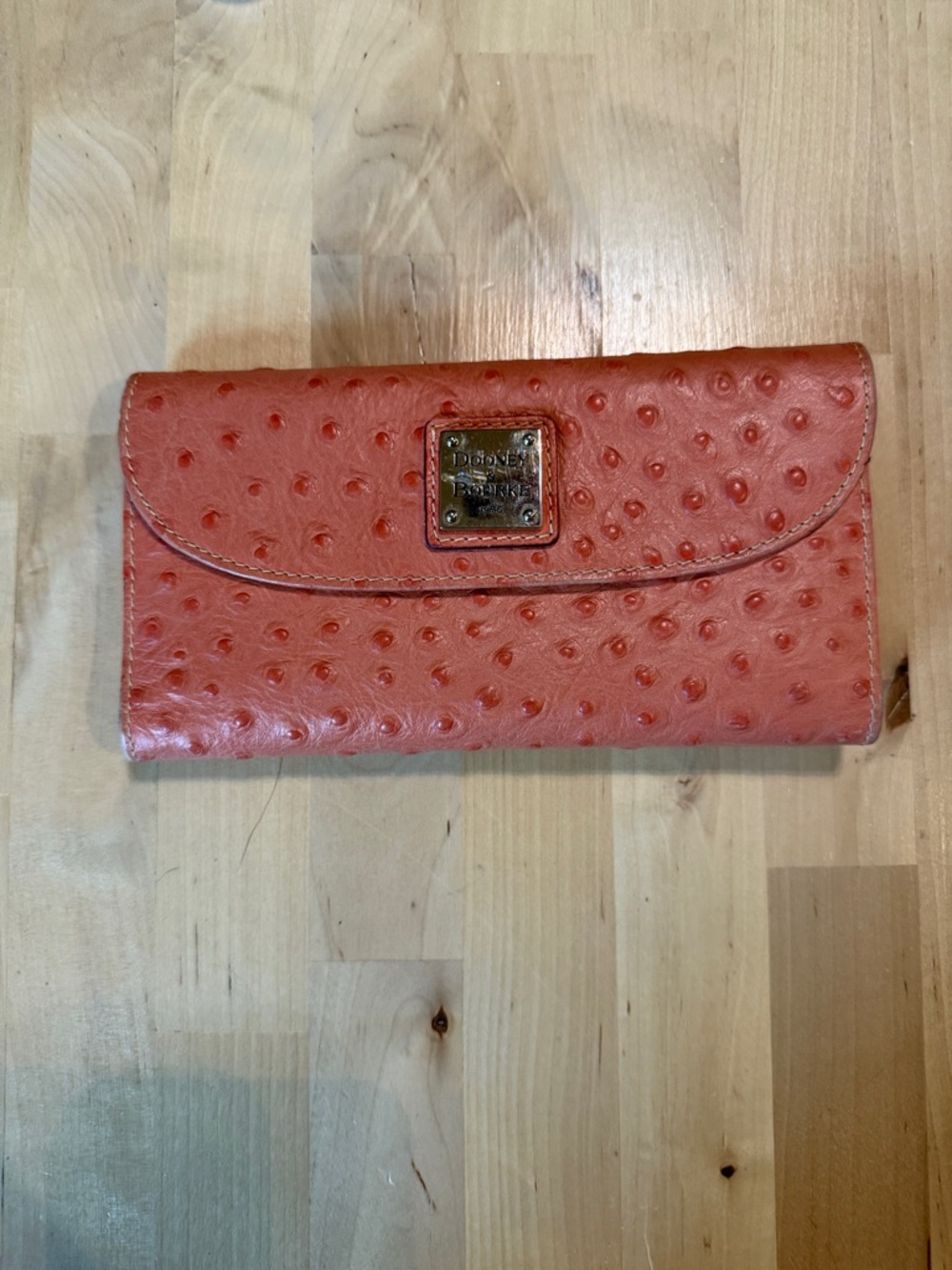 Vintage Dooney & Bourke Coral Ostrich-Embossed Leather Wallet with Logo Plate
